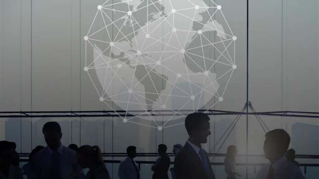 Global business professionals networking and shaking hands in a modern office setting, with a digital world map and global connection network overlay symbolizing international collaboration and digital transformation.