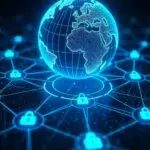 Digital illustration of a glowing blue globe centered on Europe and Africa, surrounded by a connected network of padlock icons, symbolizing global cybersecurity and data protection.