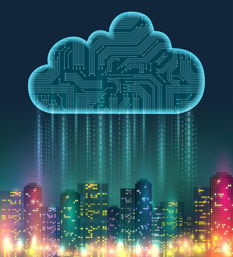 Futuristic illustration of a glowing digital cloud above a city skyline, with binary code and circuit patterns symbolizing data transfer and cloud computing integration with urban infrastructure