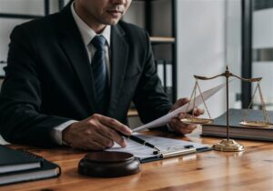 A lawyer in a black suit reviewing documents at a wooden desk, with a gavel, legal scale, and clipboard in front of him in an office setting.