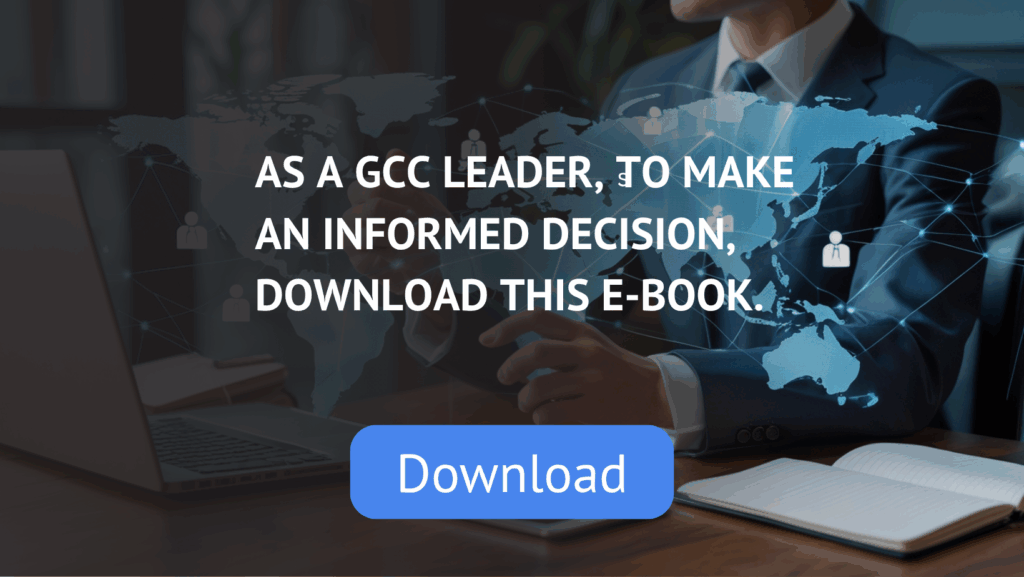 A business professional interacts with a tablet at a desk, overlaid with a digital world map and network connections. Text on the image reads: "Empowering Enterprises with Scalable GCCs. Download GCC Handbook titled 'How to Choose the Right Technology and Solutions Partner for Your GCC: A Quick Guide'." The Adroitent logo and tagline "Agility. Delivered." are also visible.