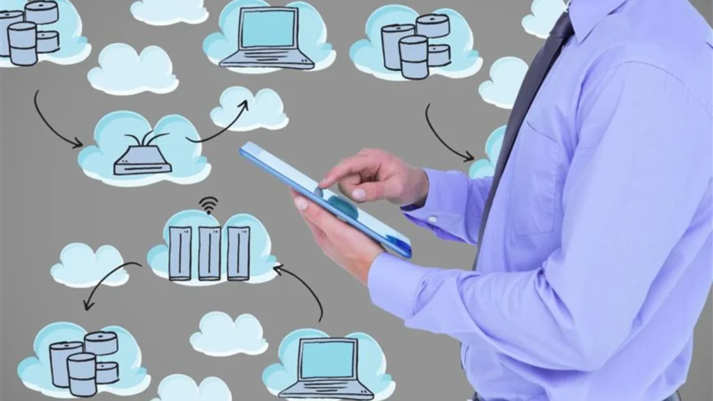 Business professional using a tablet with illustrated cloud computing icons in the background, representing cloud storage, servers, databases, and laptops connected through a network.