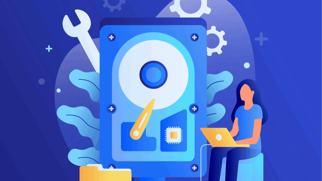 Illustration of a woman working on a laptop next to a large hard disk drive with tools and gears, symbolizing data storage and system maintenance