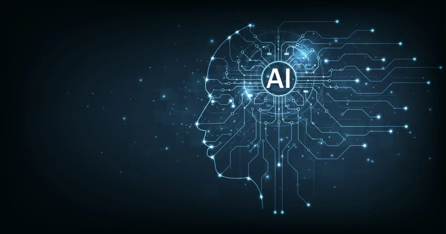 Digital illustration of a human head outline with glowing circuits connected to a central AI core, symbolizing artificial intelligence, machine learning, and advanced technology