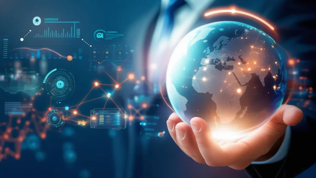 A business professional in a suit holding a digitally enhanced glowing globe with interconnected data points, futuristic analytics, and AI-driven technology interfaces in the background, symbolizing global digital transformation and data intelligence at GCC Solutions.