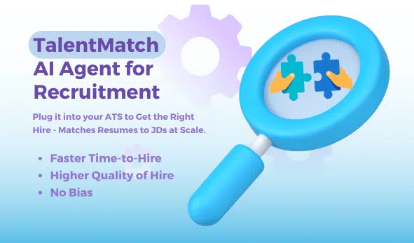 TalentMatch – The AI Agent for Recruiters. Plug it into your ATS to match resumes to job descriptions at scale. Benefits include faster time-to-hire, higher quality of hire, and no bias. Illustration shows a magnifying glass with puzzle pieces fitting together