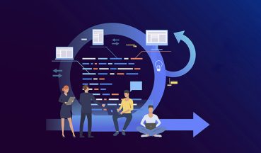 Scrum meeting, conversation, working on laptop. Discussing project flat vector illustration. Business concept for banner, website design or landing web page